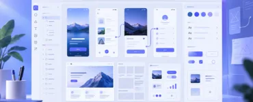 Penpot : image ou photo d'une interface moderne affichée dans un navigateur, avec plusieurs maquettes d’écrans, des boutons, des cartes UI et des composants bien alignés.