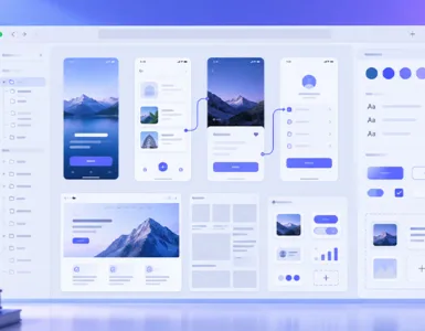 Penpot : image ou photo d'une interface moderne affichée dans un navigateur, avec plusieurs maquettes d’écrans, des boutons, des cartes UI et des composants bien alignés.
