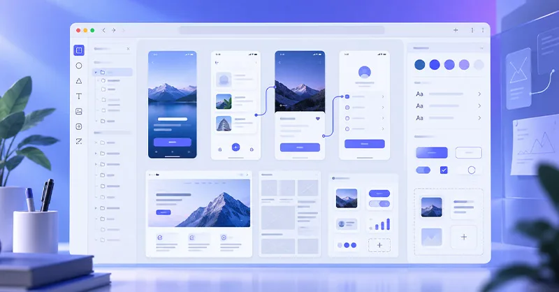 Penpot : image ou photo d'une interface moderne affichée dans un navigateur, avec plusieurs maquettes d’écrans, des boutons, des cartes UI et des composants bien alignés.