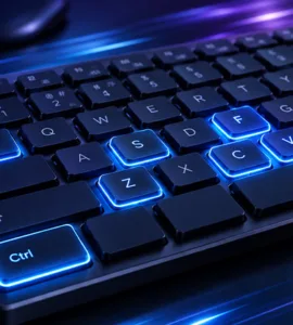 Raccourcis clavier : image ou photo d'un Clavier d’ordinateur moderne vu en légère perspective, touches Ctrl, C, V, Z, F, S et Tab mises en évidence avec une lumière bleue, ambiance technologique et professionnelle.
