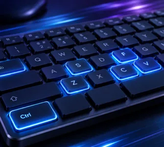 Raccourcis clavier : image ou photo d'un Clavier d’ordinateur moderne vu en légère perspective, touches Ctrl, C, V, Z, F, S et Tab mises en évidence avec une lumière bleue, ambiance technologique et professionnelle.