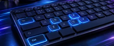Raccourcis clavier : image ou photo d'un Clavier d’ordinateur moderne vu en légère perspective, touches Ctrl, C, V, Z, F, S et Tab mises en évidence avec une lumière bleue, ambiance technologique et professionnelle.