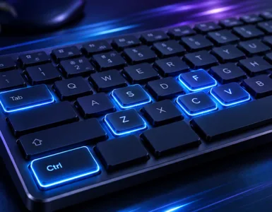 Raccourcis clavier : image ou photo d'un Clavier d’ordinateur moderne vu en légère perspective, touches Ctrl, C, V, Z, F, S et Tab mises en évidence avec une lumière bleue, ambiance technologique et professionnelle.