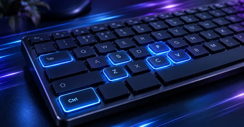 Raccourcis clavier : image ou photo d'un Clavier d’ordinateur moderne vu en légère perspective, touches Ctrl, C, V, Z, F, S et Tab mises en évidence avec une lumière bleue, ambiance technologique et professionnelle.