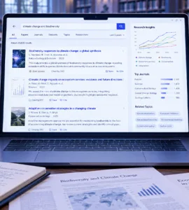 Semantic Scholar : image ou photo d'un ordinateur portable affichant une interface de recherche scientifique, entouré de documents académiques, de graphiques et de petites connexions lumineuses symbolisant l’intelligence artificielle.