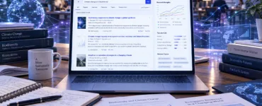 Semantic Scholar : image ou photo d'un ordinateur portable affichant une interface de recherche scientifique, entouré de documents académiques, de graphiques et de petites connexions lumineuses symbolisant l’intelligence artificielle.