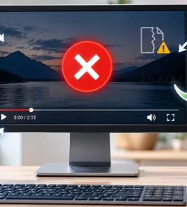 Vidéo téléchargée depuis Facebook : image ou photo d'un ordinateur au centre avec une vidéo impossible à lire. Autour de l’écran, plusieurs éléments représentent les causes expliquées dans l’article : un fichier MP4, une petite icône codec, un haut-parleur séparé de l’image, un symbole de téléchargement incomplet et une flèche de conversion vers VLC ou un lecteur multimédia.