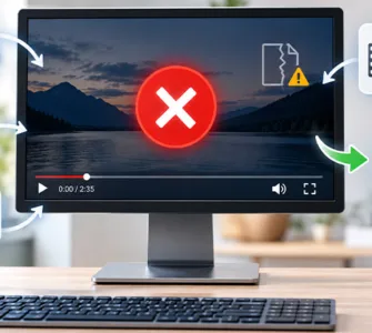 Vidéo téléchargée depuis Facebook : image ou photo d'un ordinateur au centre avec une vidéo impossible à lire. Autour de l’écran, plusieurs éléments représentent les causes expliquées dans l’article : un fichier MP4, une petite icône codec, un haut-parleur séparé de l’image, un symbole de téléchargement incomplet et une flèche de conversion vers VLC ou un lecteur multimédia.