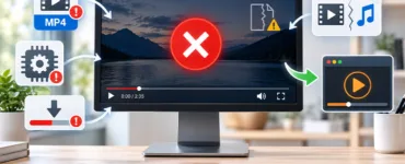 Vidéo téléchargée depuis Facebook : image ou photo d'un ordinateur au centre avec une vidéo impossible à lire. Autour de l’écran, plusieurs éléments représentent les causes expliquées dans l’article : un fichier MP4, une petite icône codec, un haut-parleur séparé de l’image, un symbole de téléchargement incomplet et une flèche de conversion vers VLC ou un lecteur multimédia.