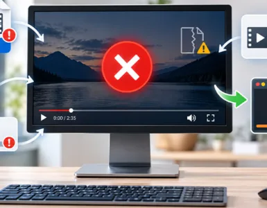 Vidéo téléchargée depuis Facebook : image ou photo d'un ordinateur au centre avec une vidéo impossible à lire. Autour de l’écran, plusieurs éléments représentent les causes expliquées dans l’article : un fichier MP4, une petite icône codec, un haut-parleur séparé de l’image, un symbole de téléchargement incomplet et une flèche de conversion vers VLC ou un lecteur multimédia.