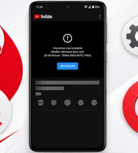 YouTube ne s'ouvre pas sur Android : image ou photo d'un smartphone Android moderne au centre, application YouTube affichant une erreur de lecture, symbole Wi-fi, icône paramètres…