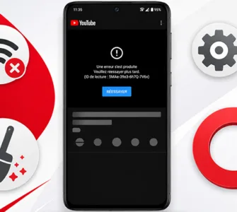 YouTube ne s'ouvre pas sur Android : image ou photo d'un smartphone Android moderne au centre, application YouTube affichant une erreur de lecture, symbole Wi-fi, icône paramètres…