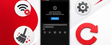 YouTube ne s'ouvre pas sur Android : image ou photo d'un smartphone Android moderne au centre, application YouTube affichant une erreur de lecture, symbole Wi-fi, icône paramètres…