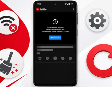 YouTube ne s'ouvre pas sur Android : image ou photo d'un smartphone Android moderne au centre, application YouTube affichant une erreur de lecture, symbole Wi-fi, icône paramètres…