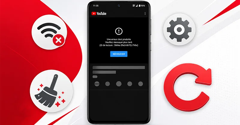 YouTube ne s'ouvre pas sur Android : image ou photo d'un smartphone Android moderne au centre, application YouTube affichant une erreur de lecture, symbole Wi-fi, icône paramètres…