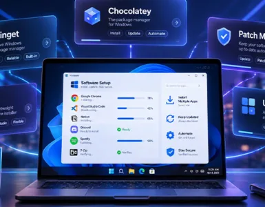 Alternatives à Ninite : image ou photo d'un ordinateur portable Windows entouré des alternatives à Ninite : Winget, Chocolatey, Patch My PC, Scoop et UniGetUI, pour installer et mettre à jour des logiciels.