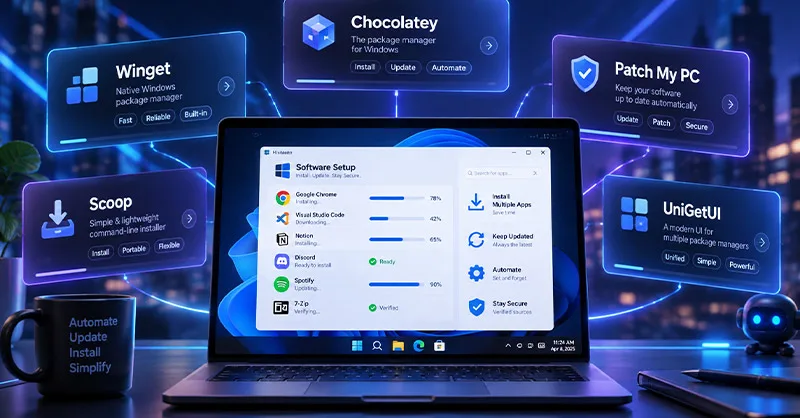 Alternatives à Ninite : image ou photo d'un ordinateur portable Windows entouré des alternatives à Ninite : Winget, Chocolatey, Patch My PC, Scoop et UniGetUI, pour installer et mettre à jour des logiciels.