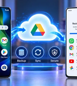Applications Android : image ou photo de deux smartphones Android illustrant la sauvegarde et la restauration des applications via Google Drive, avec un transfert sécurisé dans le cloud.