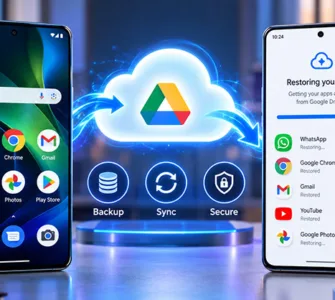 Applications Android : image ou photo de deux smartphones Android illustrant la sauvegarde et la restauration des applications via Google Drive, avec un transfert sécurisé dans le cloud.
