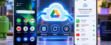 Applications Android : image ou photo de deux smartphones Android illustrant la sauvegarde et la restauration des applications via Google Drive, avec un transfert sécurisé dans le cloud.