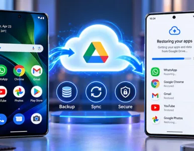 Applications Android : image ou photo de deux smartphones Android illustrant la sauvegarde et la restauration des applications via Google Drive, avec un transfert sécurisé dans le cloud.