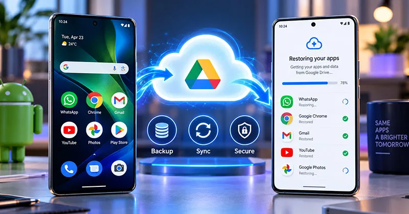 Applications Android : image ou photo de deux smartphones Android illustrant la sauvegarde et la restauration des applications via Google Drive, avec un transfert sécurisé dans le cloud.