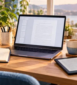 Atticus : image ou photo d'un bureau d’auteur chaleureux avec ordinateur portable affichant un manuscrit, carnet ouvert, stylo, tasse de café, liseuse et livre imprimé, dans une ambiance lumineuse et inspirante.