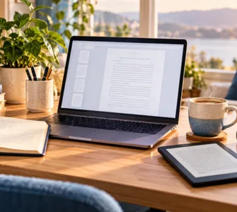 Atticus : image ou photo d'un bureau d’auteur chaleureux avec ordinateur portable affichant un manuscrit, carnet ouvert, stylo, tasse de café, liseuse et livre imprimé, dans une ambiance lumineuse et inspirante.