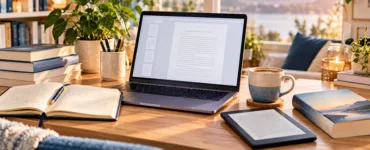 Atticus : image ou photo d'un bureau d’auteur chaleureux avec ordinateur portable affichant un manuscrit, carnet ouvert, stylo, tasse de café, liseuse et livre imprimé, dans une ambiance lumineuse et inspirante.