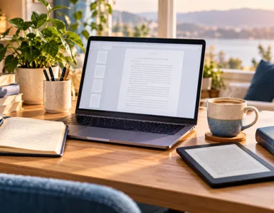 Atticus : image ou photo d'un bureau d’auteur chaleureux avec ordinateur portable affichant un manuscrit, carnet ouvert, stylo, tasse de café, liseuse et livre imprimé, dans une ambiance lumineuse et inspirante.