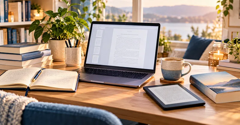 Atticus : image ou photo d'un bureau d’auteur chaleureux avec ordinateur portable affichant un manuscrit, carnet ouvert, stylo, tasse de café, liseuse et livre imprimé, dans une ambiance lumineuse et inspirante.