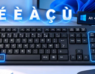 Codes ASCII : image ou photo d'un clavier AZERTY Windows avec touches Alt et pavé numérique illuminés pour saisir les majuscules accentuées à l’aide des codes ASCII.