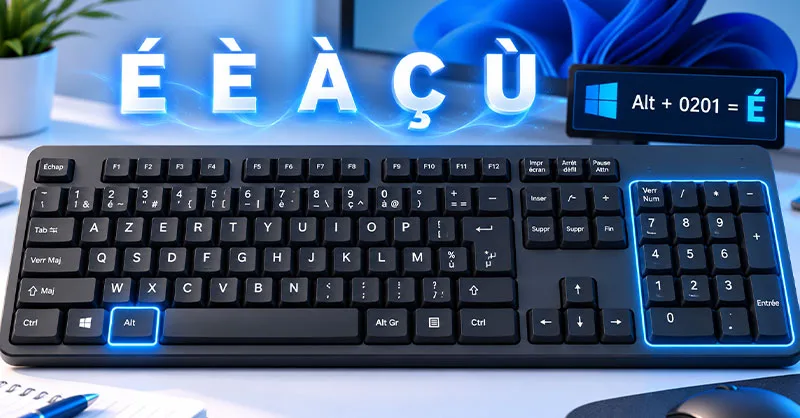 Codes ASCII : image ou photo d'un clavier AZERTY Windows avec touches Alt et pavé numérique illuminés pour saisir les majuscules accentuées à l’aide des codes ASCII.