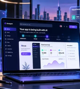 Emergent AI : image ou photo d'un ordinateur affichant la création d’une application web avec Emergent AI, entouré d’interfaces holographiques illustrant l’intelligence artificielle et le développement sans code.