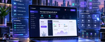 Emergent AI : image ou photo d'un ordinateur affichant la création d’une application web avec Emergent AI, entouré d’interfaces holographiques illustrant l’intelligence artificielle et le développement sans code.