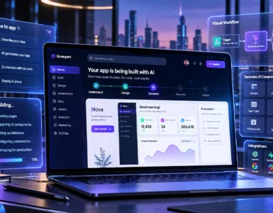 Emergent AI : image ou photo d'un ordinateur affichant la création d’une application web avec Emergent AI, entouré d’interfaces holographiques illustrant l’intelligence artificielle et le développement sans code.
