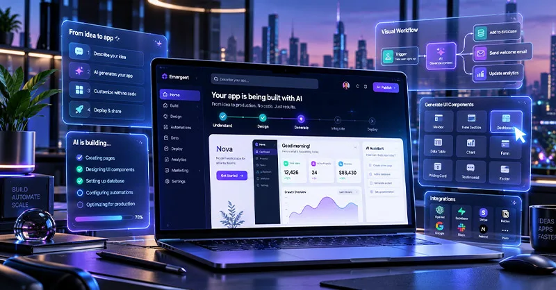 Emergent AI : image ou photo d'un ordinateur affichant la création d’une application web avec Emergent AI, entouré d’interfaces holographiques illustrant l’intelligence artificielle et le développement sans code.