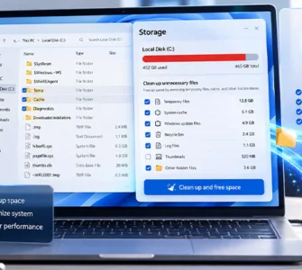 Fichiers inutiles cachés : image ou photo d'un ordinateur portable affichant une interface inspirée de Windows 11 avec des fichiers inutiles cachés, des dossiers temporaires et des outils de nettoyage pour libérer de l’espace disque et optimiser les performances du PC.