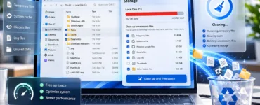 Fichiers inutiles cachés : image ou photo d'un ordinateur portable affichant une interface inspirée de Windows 11 avec des fichiers inutiles cachés, des dossiers temporaires et des outils de nettoyage pour libérer de l’espace disque et optimiser les performances du PC.