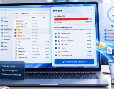 Fichiers inutiles cachés : image ou photo d'un ordinateur portable affichant une interface inspirée de Windows 11 avec des fichiers inutiles cachés, des dossiers temporaires et des outils de nettoyage pour libérer de l’espace disque et optimiser les performances du PC.