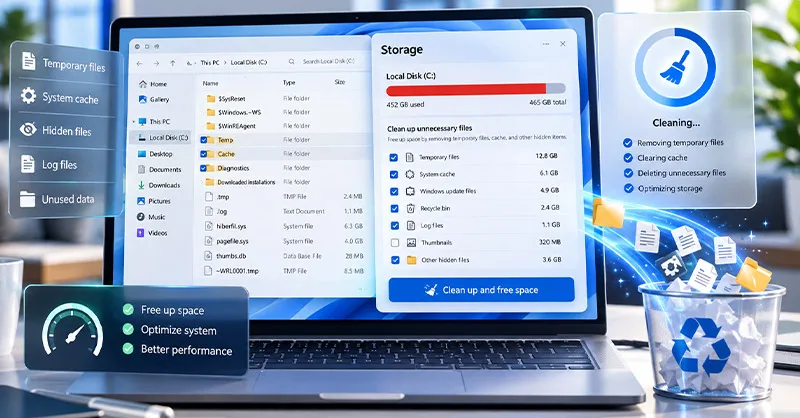 Fichiers inutiles cachés : image ou photo d'un ordinateur portable affichant une interface inspirée de Windows 11 avec des fichiers inutiles cachés, des dossiers temporaires et des outils de nettoyage pour libérer de l’espace disque et optimiser les performances du PC.