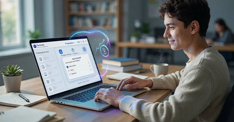 Fluvistudy : image ou photo affichant un étudiant universitaire révisant ses cours sur Fluvistudy, un outil d’intelligence artificielle proposant des fiches de révision, des quiz interactifs et un suivi de progression.