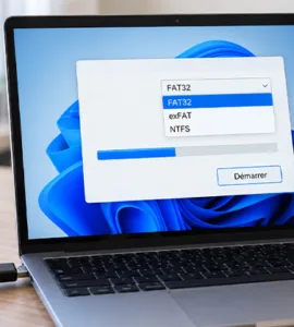 Formater une clé USB : image ou photo d'une Clé USB branchée à un ordinateur portable affichant les options de formatage FAT32, exFAT et NTFS sous Windows.
