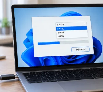Formater une clé USB : image ou photo d'une Clé USB branchée à un ordinateur portable affichant les options de formatage FAT32, exFAT et NTFS sous Windows.