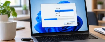 Formater une clé USB : image ou photo d'une Clé USB branchée à un ordinateur portable affichant les options de formatage FAT32, exFAT et NTFS sous Windows.