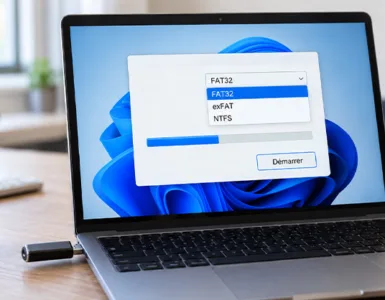 Formater une clé USB : image ou photo d'une Clé USB branchée à un ordinateur portable affichant les options de formatage FAT32, exFAT et NTFS sous Windows.