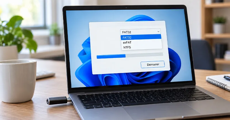 Formater une clé USB : image ou photo d'une Clé USB branchée à un ordinateur portable affichant les options de formatage FAT32, exFAT et NTFS sous Windows.