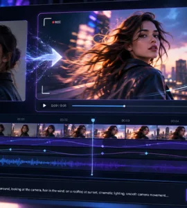 Higgsfield : image ou photo d'une interface futuriste de génération vidéo par intelligence artificielle avec Higgsfield AI, montrant la transformation d’une photo en vidéo animée, une timeline de montage et des commandes de mouvements de caméra cinématographiques.