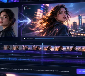 Higgsfield : image ou photo d'une interface futuriste de génération vidéo par intelligence artificielle avec Higgsfield AI, montrant la transformation d’une photo en vidéo animée, une timeline de montage et des commandes de mouvements de caméra cinématographiques.