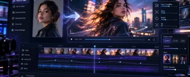 Higgsfield : image ou photo d'une interface futuriste de génération vidéo par intelligence artificielle avec Higgsfield AI, montrant la transformation d’une photo en vidéo animée, une timeline de montage et des commandes de mouvements de caméra cinématographiques.